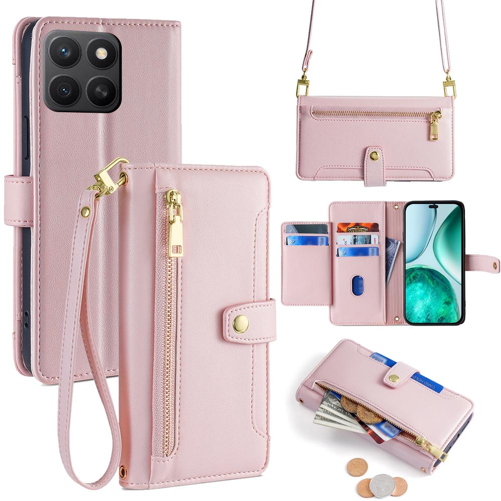 

For Honor X8c 4G Leather Case Zipper Pocket Wallet Phone Cover with 2 Straps Pink