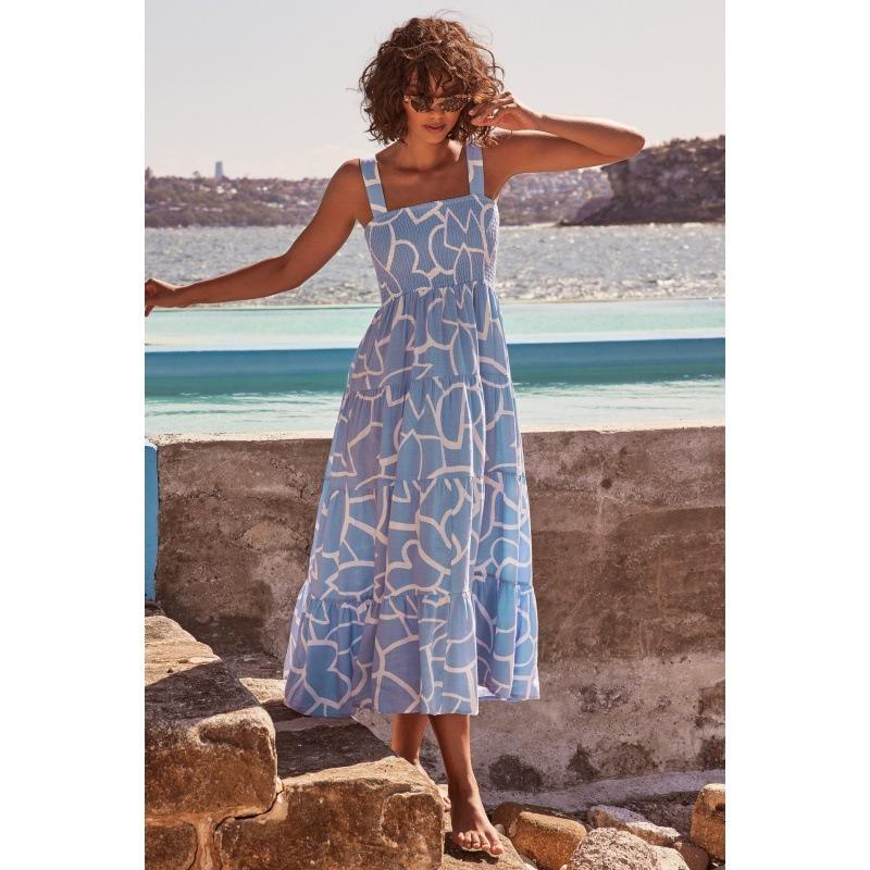 Vestido longo com estampa floral para mulheres, decote quadrado, cintura alta, sem mangas, vestido longo de verão, férias, praia, vestido respirável, fino, macio e confortável