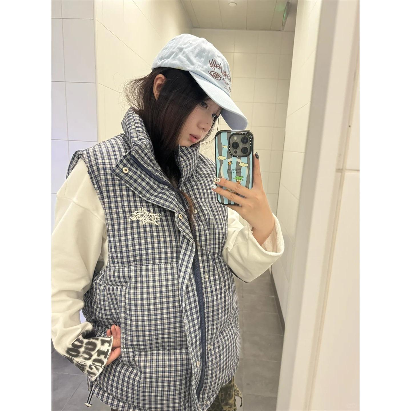 

Plaid Sleeveless Down Jacket Vest for Women Autumn and Winter New Style Layered Loose Vest Jacket XL