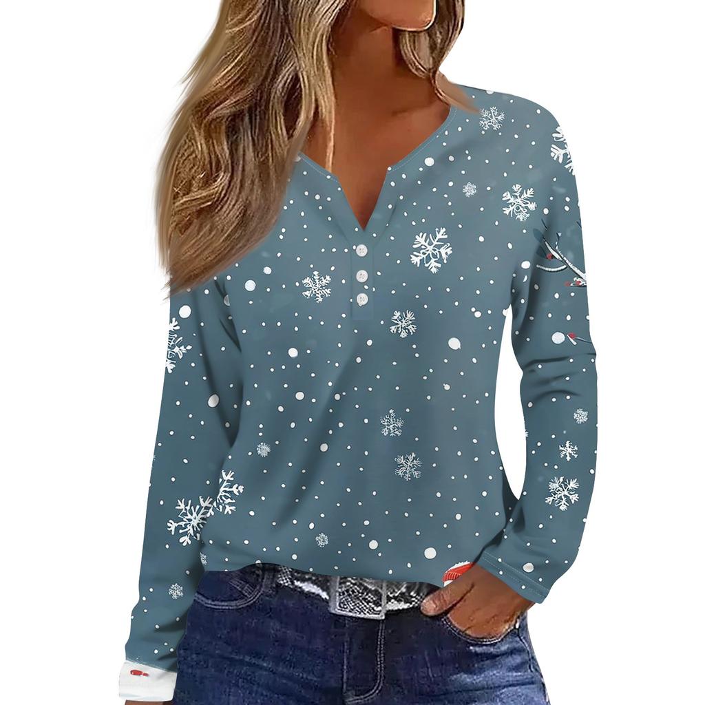 Women's Fashion Casual V-Neck Long Sleeve Christmas Printed T-Shirt Top
