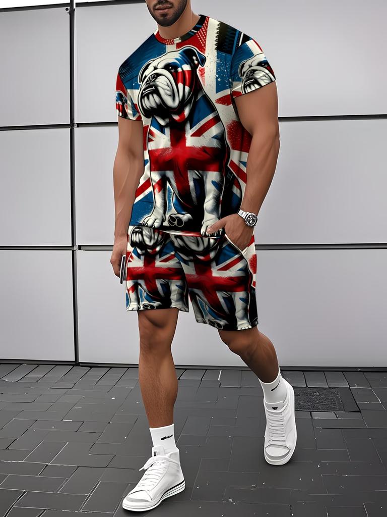 Men's T-Shirt And Shorts Set Red White Blue Star Flag Print Casual Summer Outfit With Crew Neck Short Sleeve Tees Sets