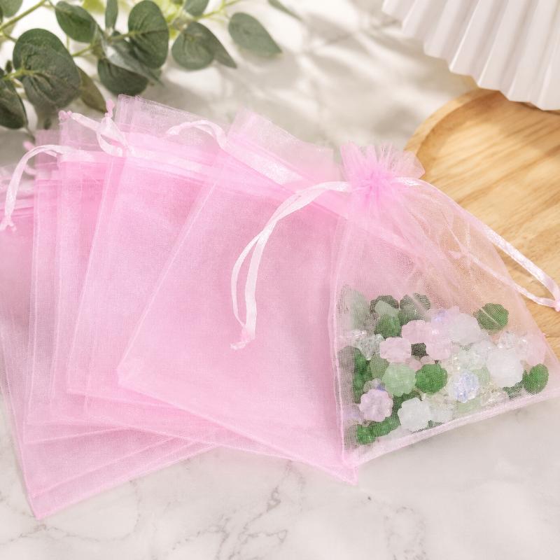 Pink Organza Jewelry Pouches 10/50PCS S/M/L Drawstring Sheer Bags for Wedding Favors Gift Candy Packaging