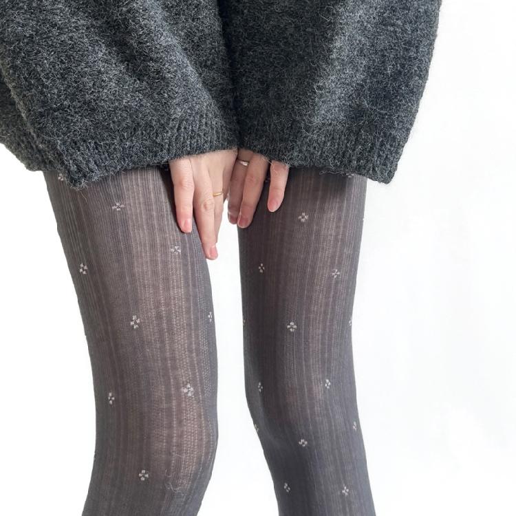 Women's Ribbed Cotton Tights with Flower Pattern High Elasticity Warmth Semi Opaque Pantyhose Slimming Leggings Hosiery