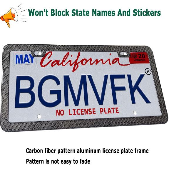 BGMVFK Black Carbon Fiber License Plate Frame- Rust Proof Aluminum Slim Car Tag Holder, Heavy Duty Plate Mount Kit- Screws, Caps Cover, Rattle Proof