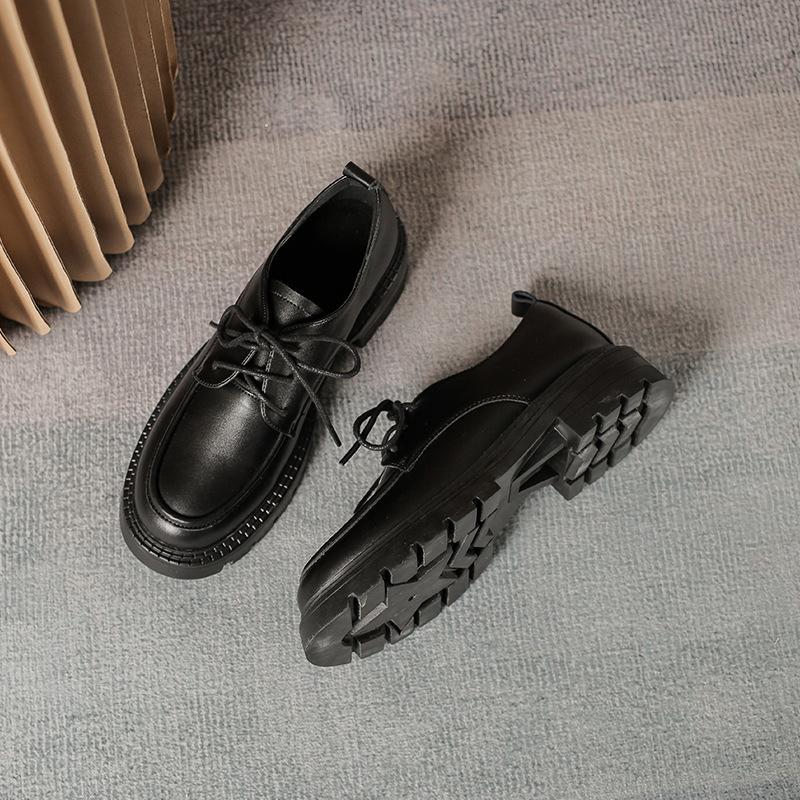 Round Toe Genuine Leather Women's Shoes Lace-up Shoes Autumn and Winter Four Seasons Student Skirt College Xiaoxiangfeng Huizhou Brock Leather Shoes