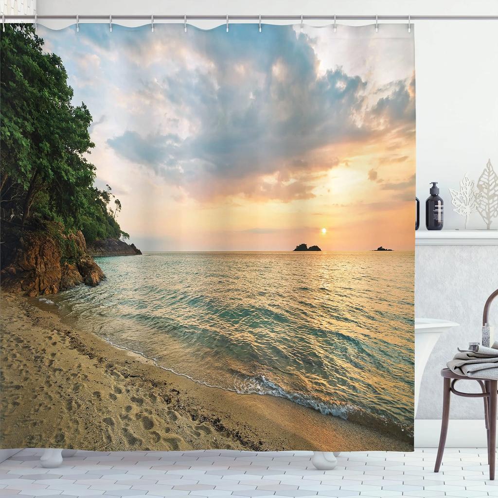 Summer Tropical Beach Scenery Shower Curtain with Hooks Seaside Island Palm Trees Blue Sea Bath Curtain Bathroom Bathtub Decor