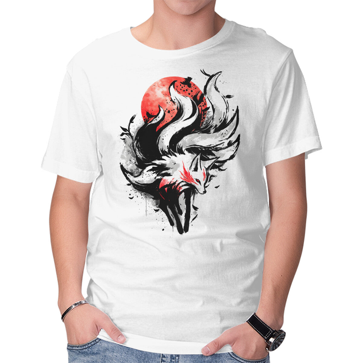 Unisex Crew Neck T-Shirt Kitsune Fox Splash Graphic Short Sleeve Casual Tee XXXL