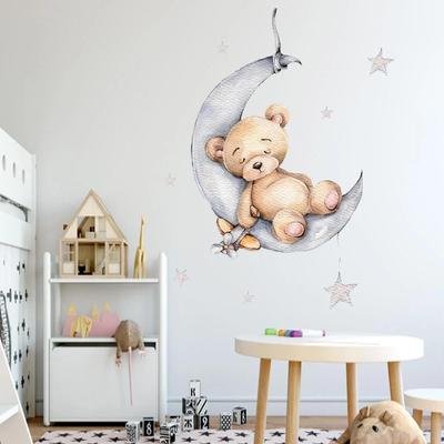 Wall Decoration NEW Cartoon Bear Sleeping On The Moon and Stars Wall Stickers for Kids Baby Room Wall Nterior Decoration Tools