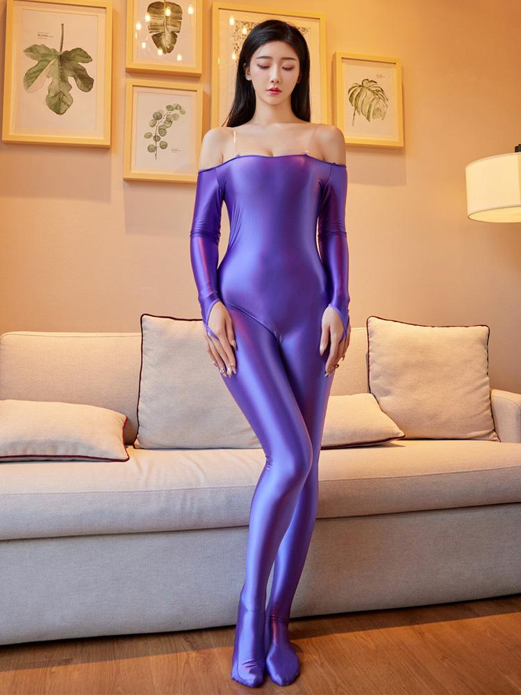 Sexy Women Elastic Bodysuits Oil Glossy Shiny See Through Yoga Shaping Leotard Maid Tight Off Shoulder Jumpsuit Candy Color