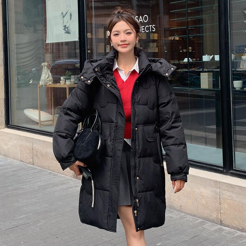 

Fashion medium and long down cotton clothes women s winter new thickened cotton clothes thermal hooded winter coat M чёрный
