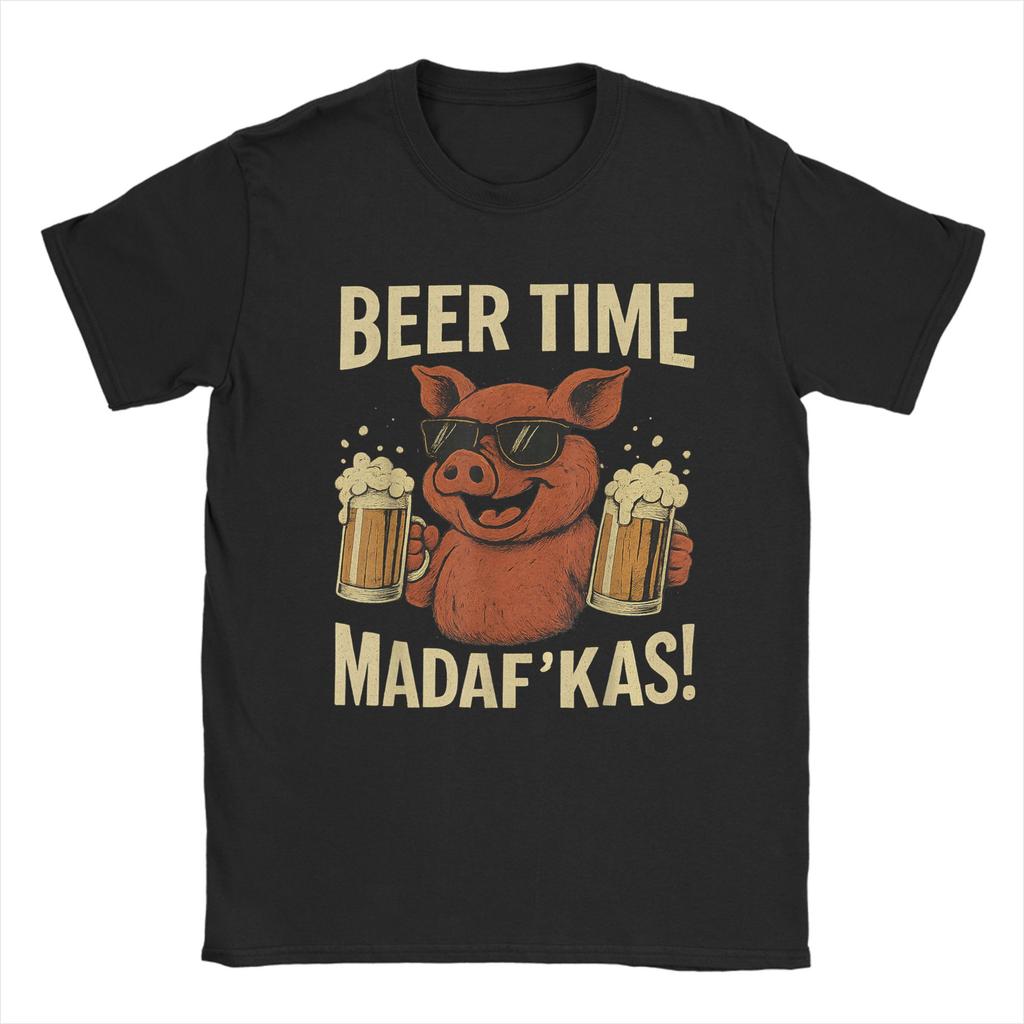 Funny Chicken Beer Time Madafakas Mens T Shirt  Amazing Tee Shirt Short Sleeve Crewneck TShirts Cotton Original Clothing