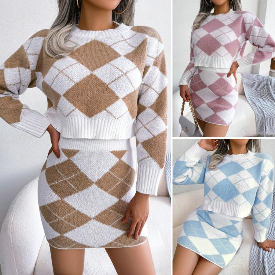 

2 шт./компл. женский свитер с юбкой, комплект с высокой талией, ромбическим принтом, контрастного цвета, круглый вырез, вязаный