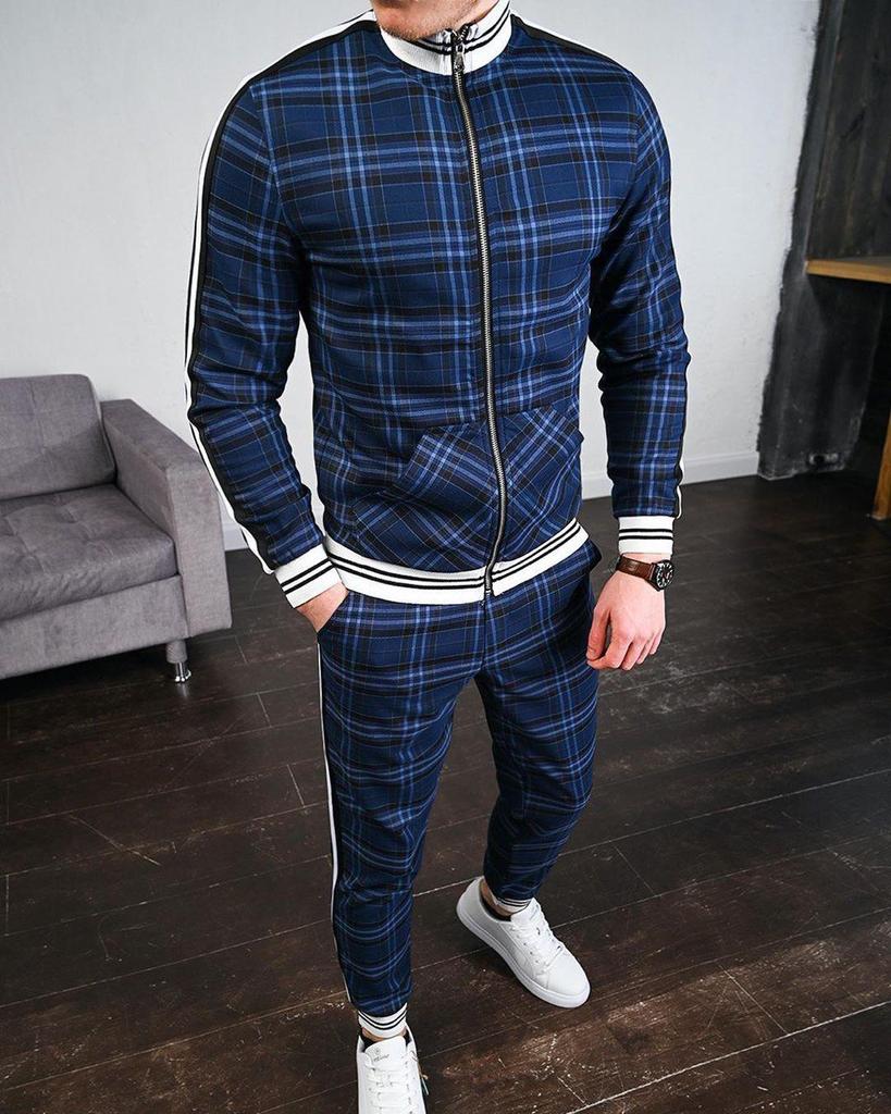 Autumn Men's Casual Plaid Sport Suit: Zip-Up Jacket & Long Pants Two-Piece Set