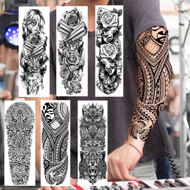 1 PC 480*170MM Full Arm Leg Temporary Tattoo Sticker for Women Men Waterproof Skull Compass Sexy  Tattoo Body Art Fake Flower Tattoo Paper Sticker