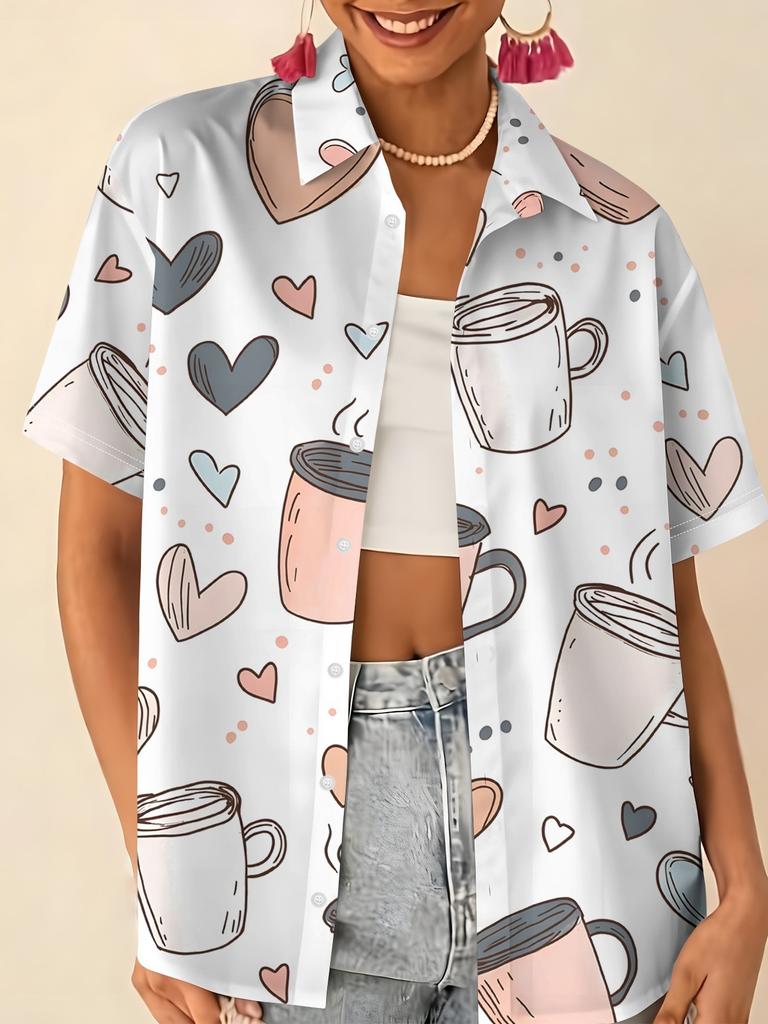 Gentle blue floral printed shirt for women, short-sleeve loose lapel design, niche vacation style top