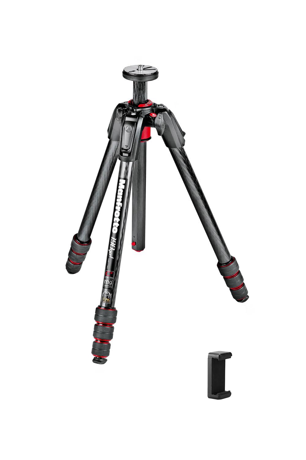 

Manfrotto carbon fiber 4 maximum height storage height weight load capacity no twist smartphone clamp included JP A00024BMN 190go! M-lock tripod, чорний