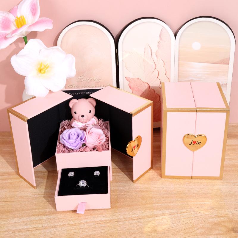 Caixa de Presente Ursinho Porta Dupla: Rosa Preservada e Gaveta de Joias para Aniversários e Dia dos Namorados
