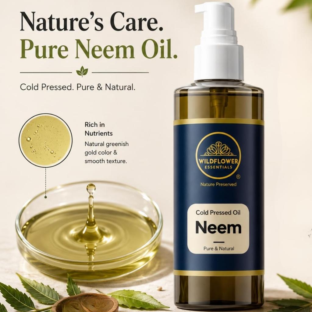 Wildflower Essentials Neem Oil Cold Pressed for Face Skin Hair & Body Hydration Pure & Natural (50ml)
