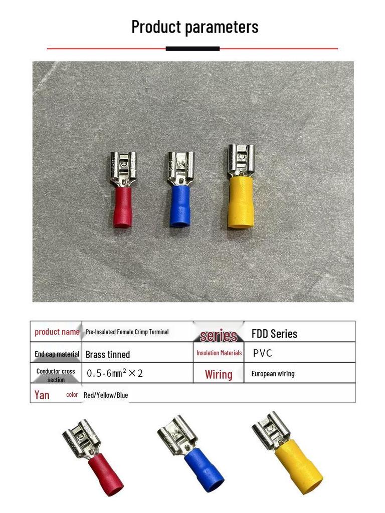 Brass Cold-Pressed FDD Female Pre-Insulated Terminal Insert Spring Wiring Connector with Copper Lugs