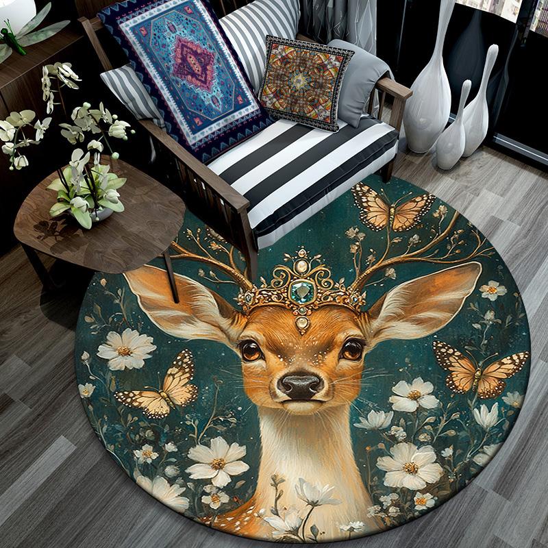 Deer with Flowers Round Area Rug,Carpet Rug for Living Room Bedroom Sofa Playroom Decor,Non-slip Floor Mat