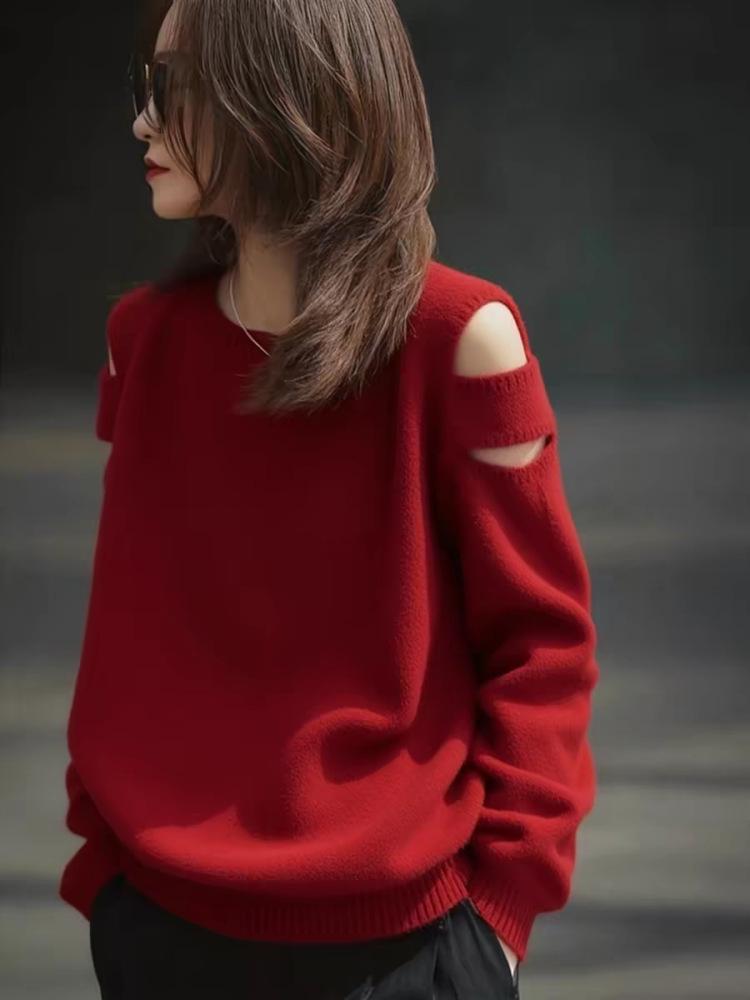 Women's Trendy Red Off-Shoulder Hollow-Out Wool Sweater - Loose, Slimming, Versatile Pullover Design
