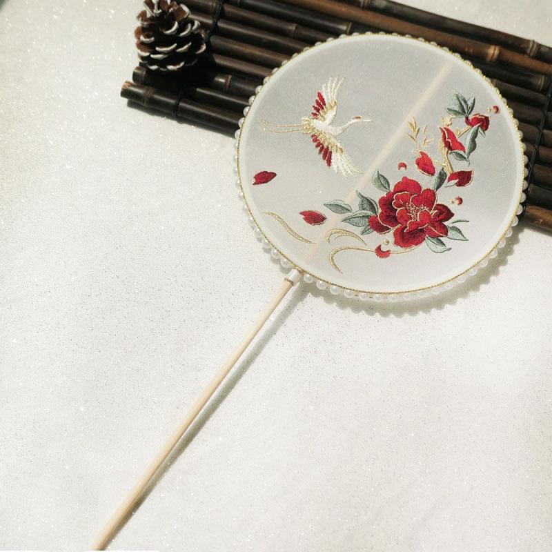 Neo-Classical Embroidered Hanfu Tassel Fan with Long Handle