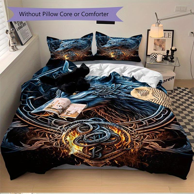 3pcs Wolf Flame Bedding Set Down Comforter Cover and Pillowcases, Suitable for All Seasons(No Insert)-0729070