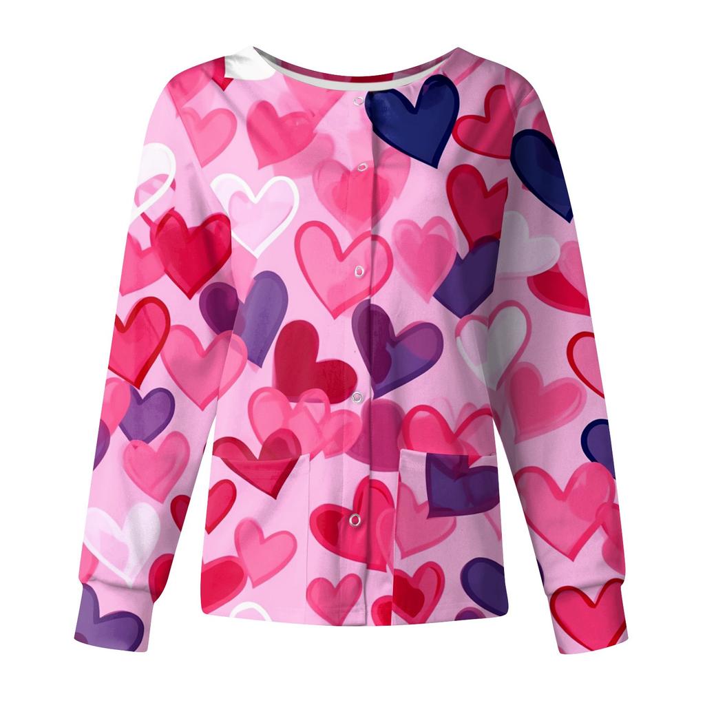 Women Long Sleeve Pattern Tops Pocket Working Stand-up Collar Single-breasted Protective Overalls Jacket Top Christmas