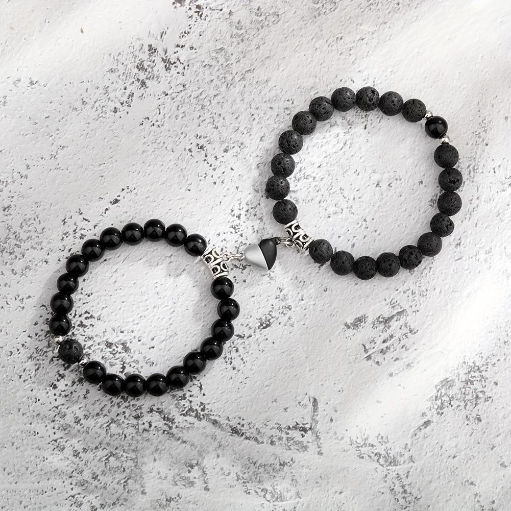 Matte Black & Turquoise Heart-Shaped Magnetic Couple Bracelets Set