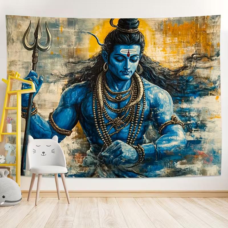 2D Abstraktní Hinduistický Bůh Šiva Gobelín Trishul Malba Závěs na Zeď