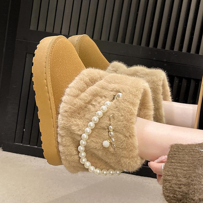 Cheville Plate avec Bottes de Neige Hiver Slip-on Bout Rond Chaussures de Marque 2024 Femme Talon Moyen Solide Perle de Ficelle Solide Bottes pour Femmes