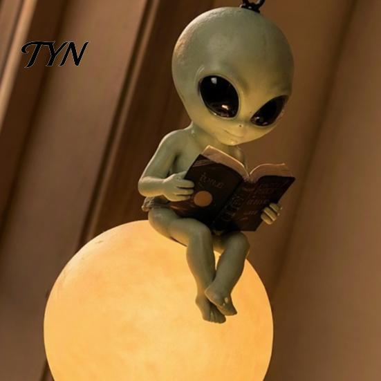Decorative Moon Sculpture Alien Reading on Hanging Lamp, Resin Bookshelf Light, Bedroom Night Light Warm LED Decor for Patio Garden Window Statue