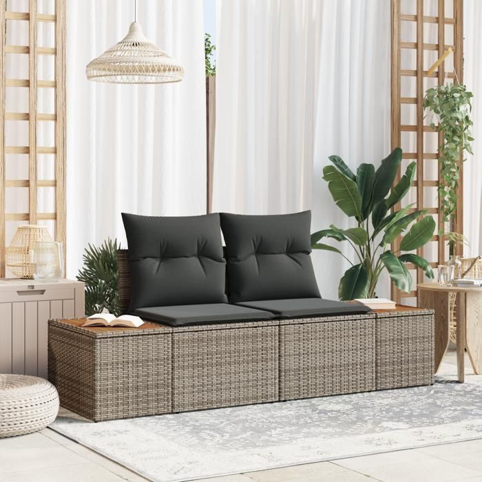 Sofa de jardin 2 places avec coussins gris en poly rotin 42006814