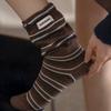 Trendy Color-blocking Striped Autumn and Winter Striped Fabric Label Letter Flared Wide-mouth Thigh-high Socks Slimming Pile Socks