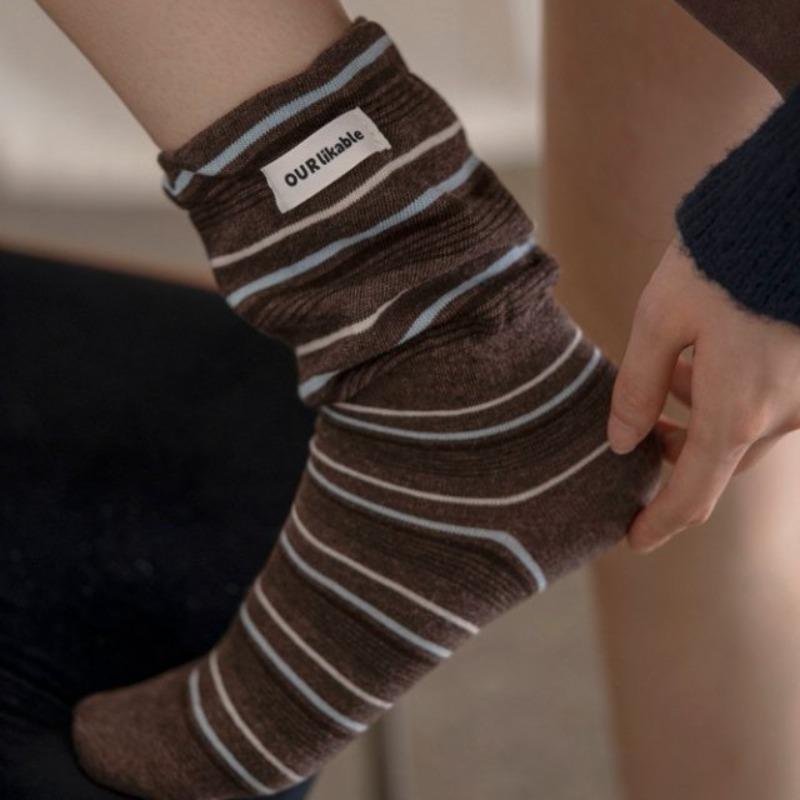 Trendy Color-blocking Striped Autumn and Winter Striped Fabric Label Letter Flared Wide-mouth Thigh-high Socks Slimming Pile Socks