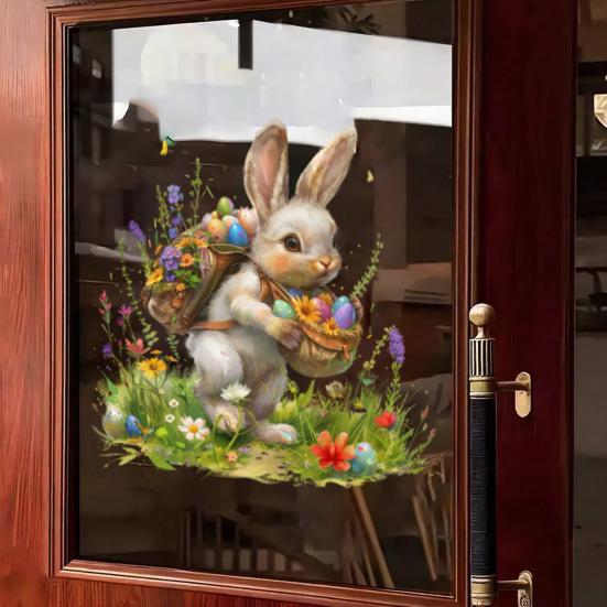 Window Sticker Healing Spring Window Scene Peel Stick Static Privacy Film Easter Bunny Egg Design Windows Doors Mirrors Decal