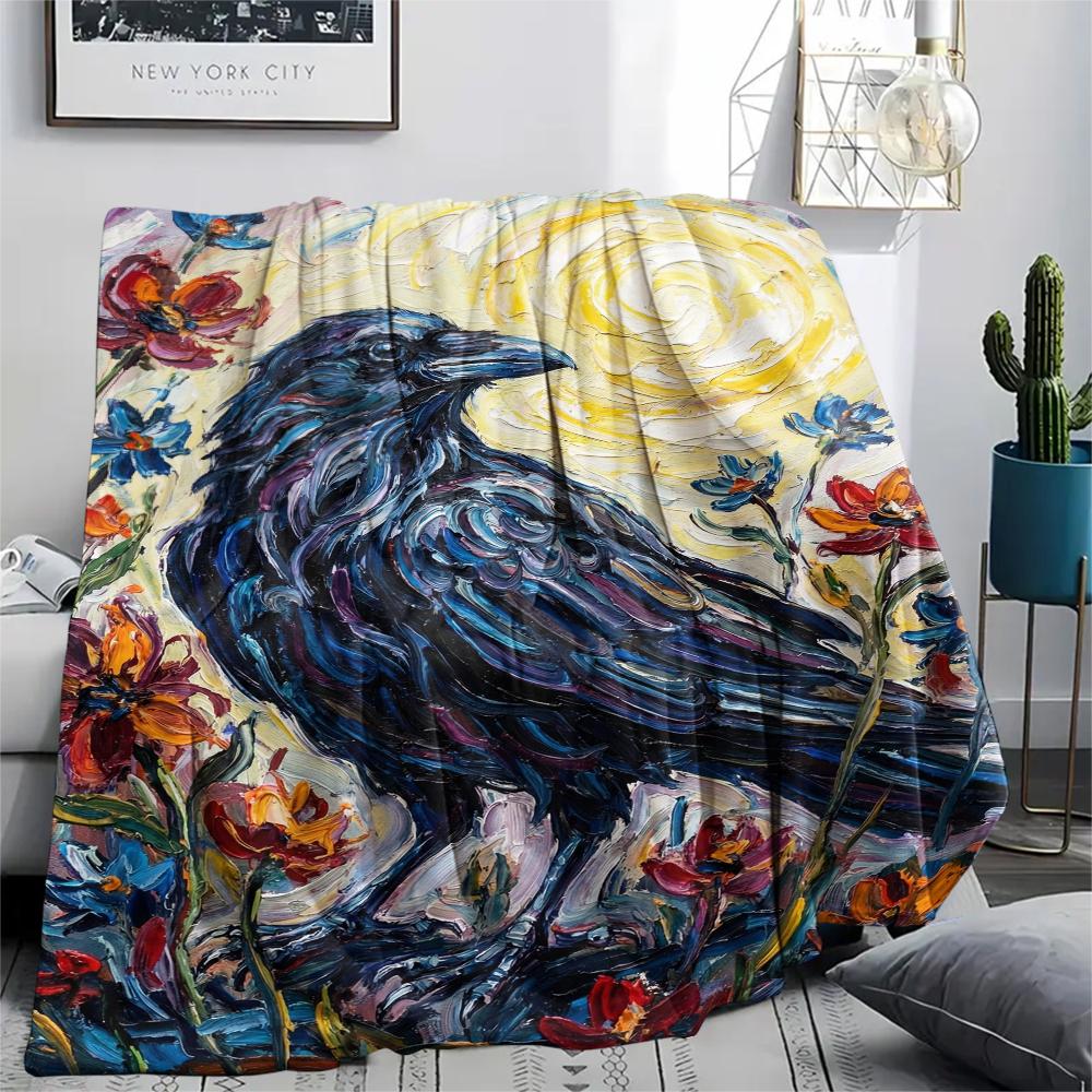 Crow Decoration Print Flannel Blanket, High quality Comfortable for All Seasons, Home Decor, Warmth and Comfort, Perfect for Christmas Gifts55