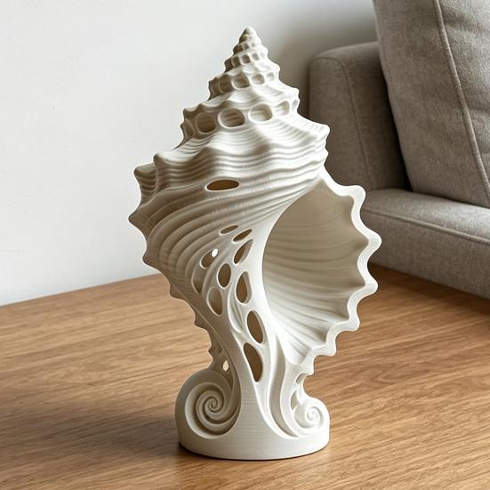 White Conch Shell Figurine, 3D Printed Nautical Coastal Tabletop Ornament for Living Room, TV Stand, Bookcase Shelf, Cabinet Decor