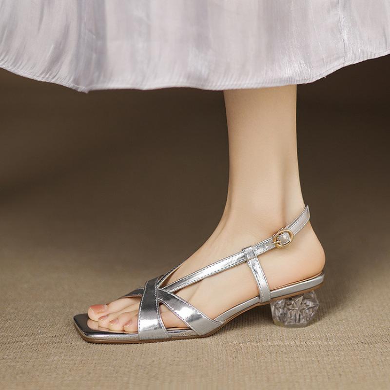 

Summer casual women s one-word sandals new square head buckle high-heeled sandals rubber soft sole large and small size women s shoes 39 серебряный