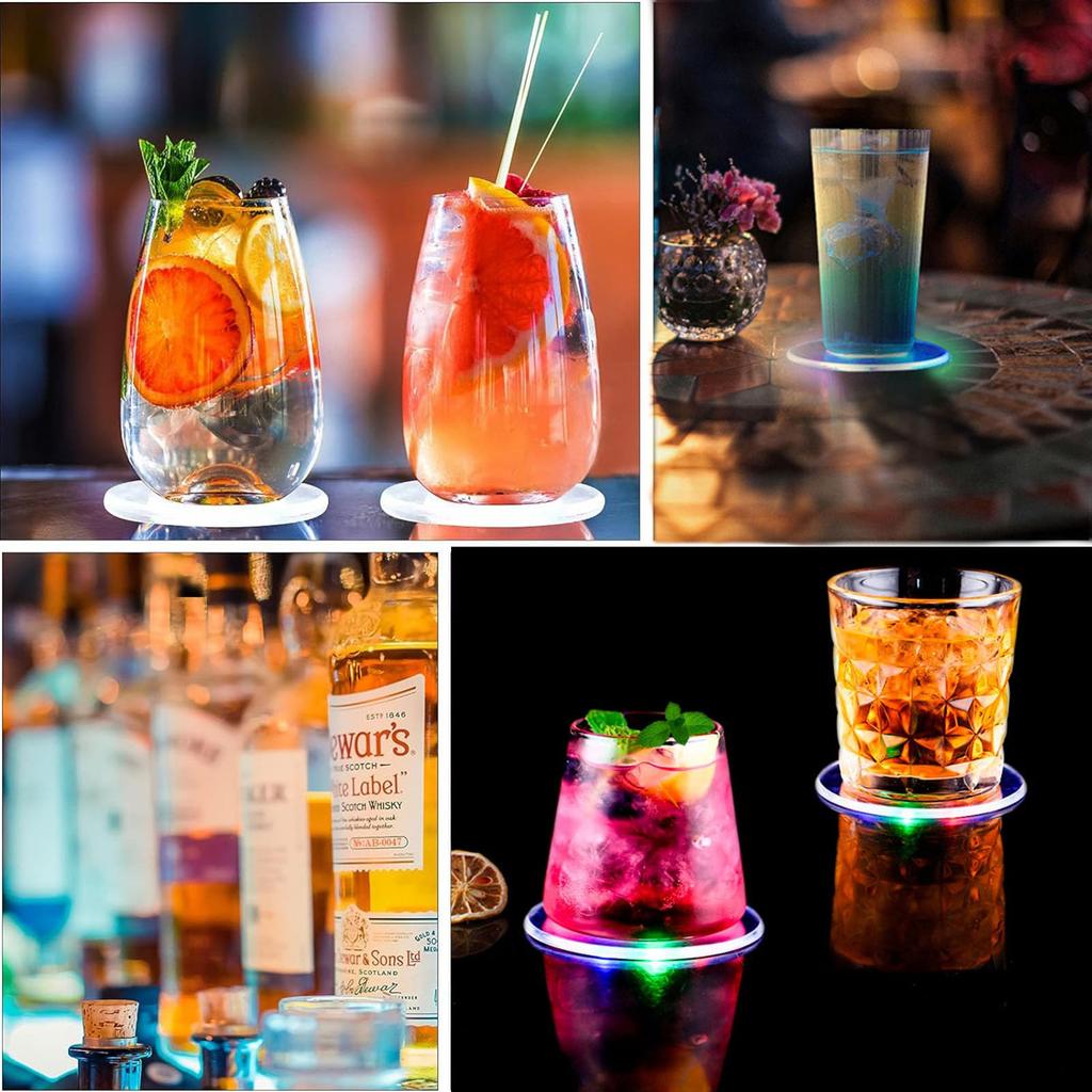 LED Illuminated Glass 3 Lighting Touch Perfect for and Set of 6 Coasters, Mats, Battery-Operated, Modes, Switch, Waterproof, Slim, Parties, Clubs,