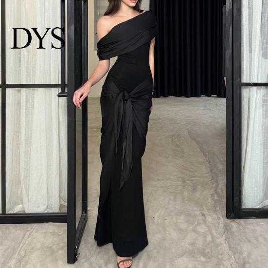 Solid Color Women Dress Lady Evening Slant Neck Off Shoulder Sleeveless Pleated Lace-up Sash Decor Long Irregular Design Slim Fit Prom Party