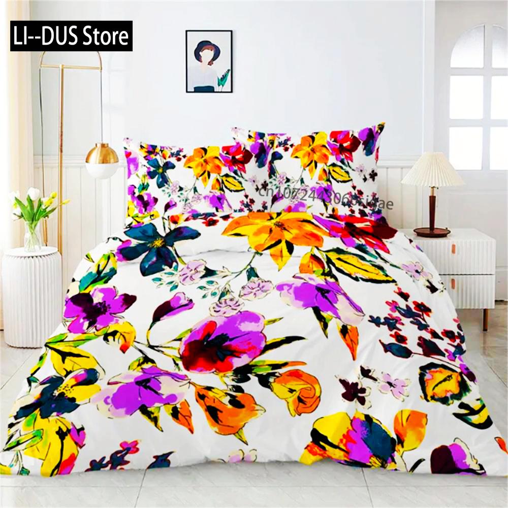 

3 Pcs Purple And Orange Flowers Printed Bedding Set Elegant Design Duvet Cover Set Suitable For All Seasons 135x200cm