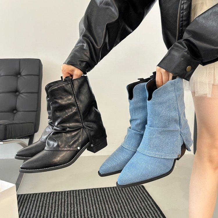 Sheepskin version! Retro American boots pointed black thin one-pedal short trousers stacked boots female summer