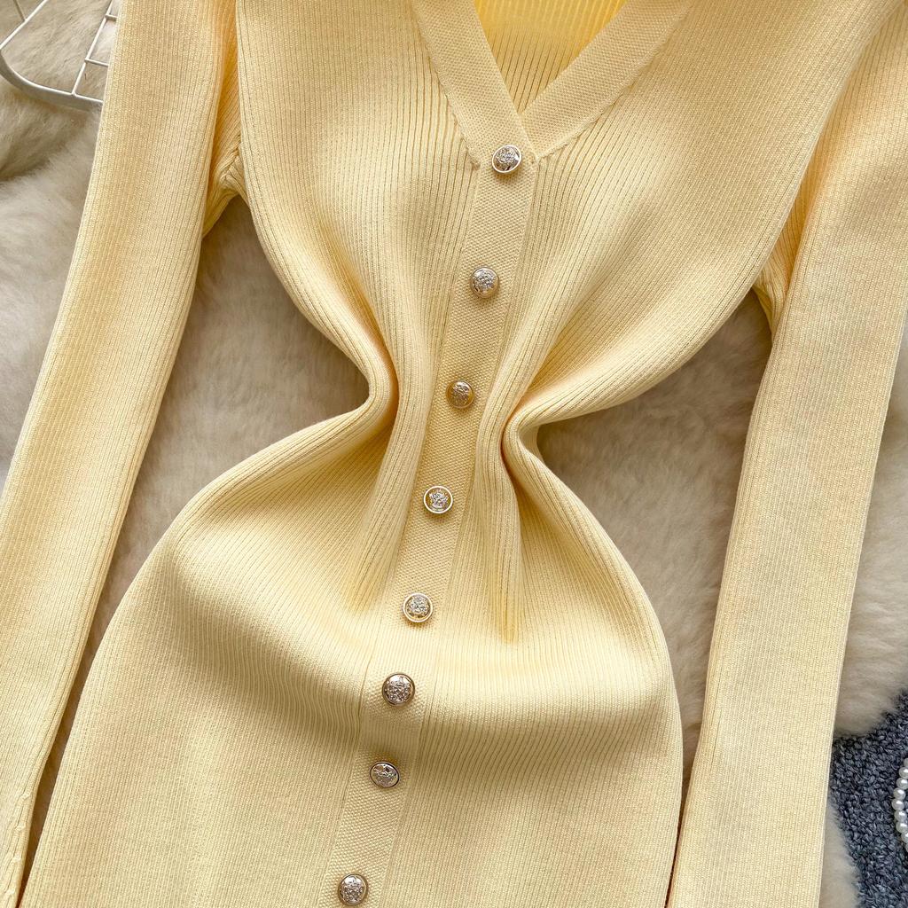 Elegant Knitted Dress for Women Autumn New Ruffle Edge V-neck Slim Long Sleeve Mid Length Ladies Evening Dresses Knitted Sweater