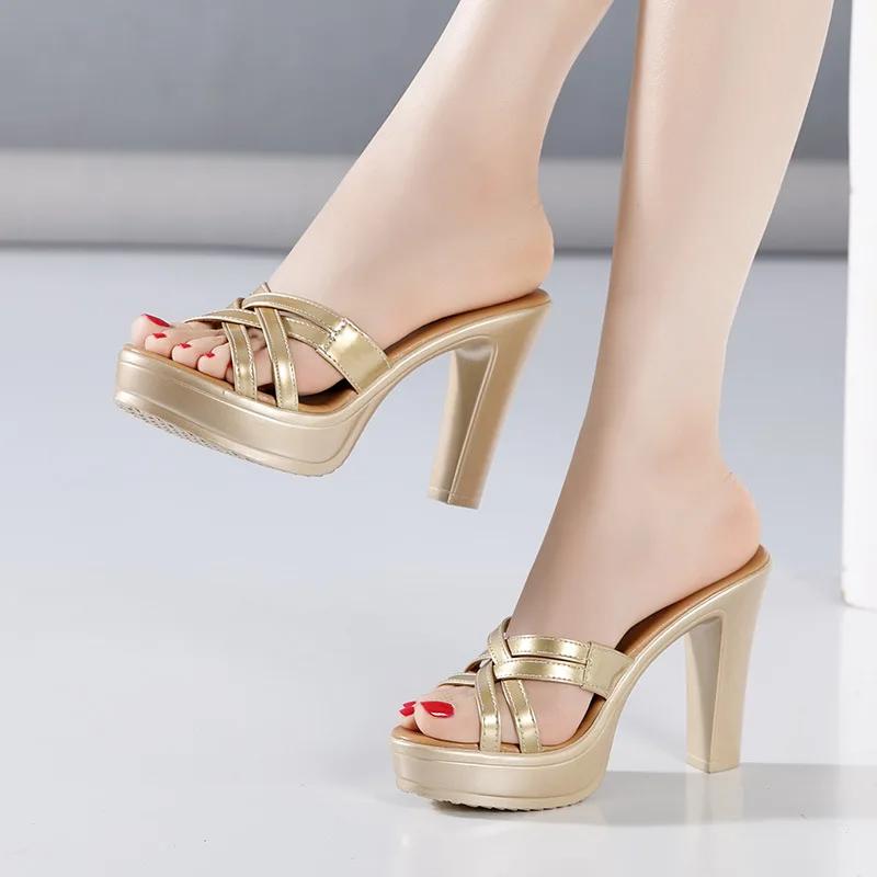 8cm 10cm Small Size 32-43 Elegant Soft Leather Slippers Platform Shoes 2025 Women's Block High Heels Slides Office Model Mom