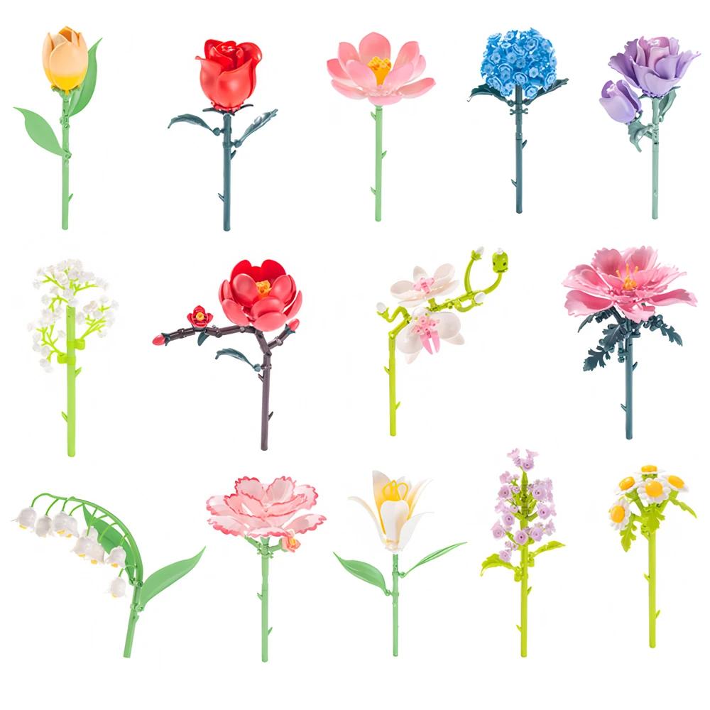 Professional Fishing Unisex New Building Blocks Ideas Moc Romantic Bouquet Tulips Rose Flower Bricks Home House Decoration Toys Diy Creative Gift
