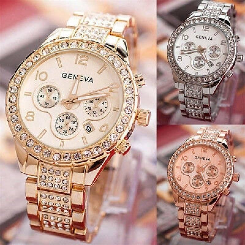Brilliant Geneva Luxury Women Crystal Stainless Steel Quartz Analog Wrist Watch
