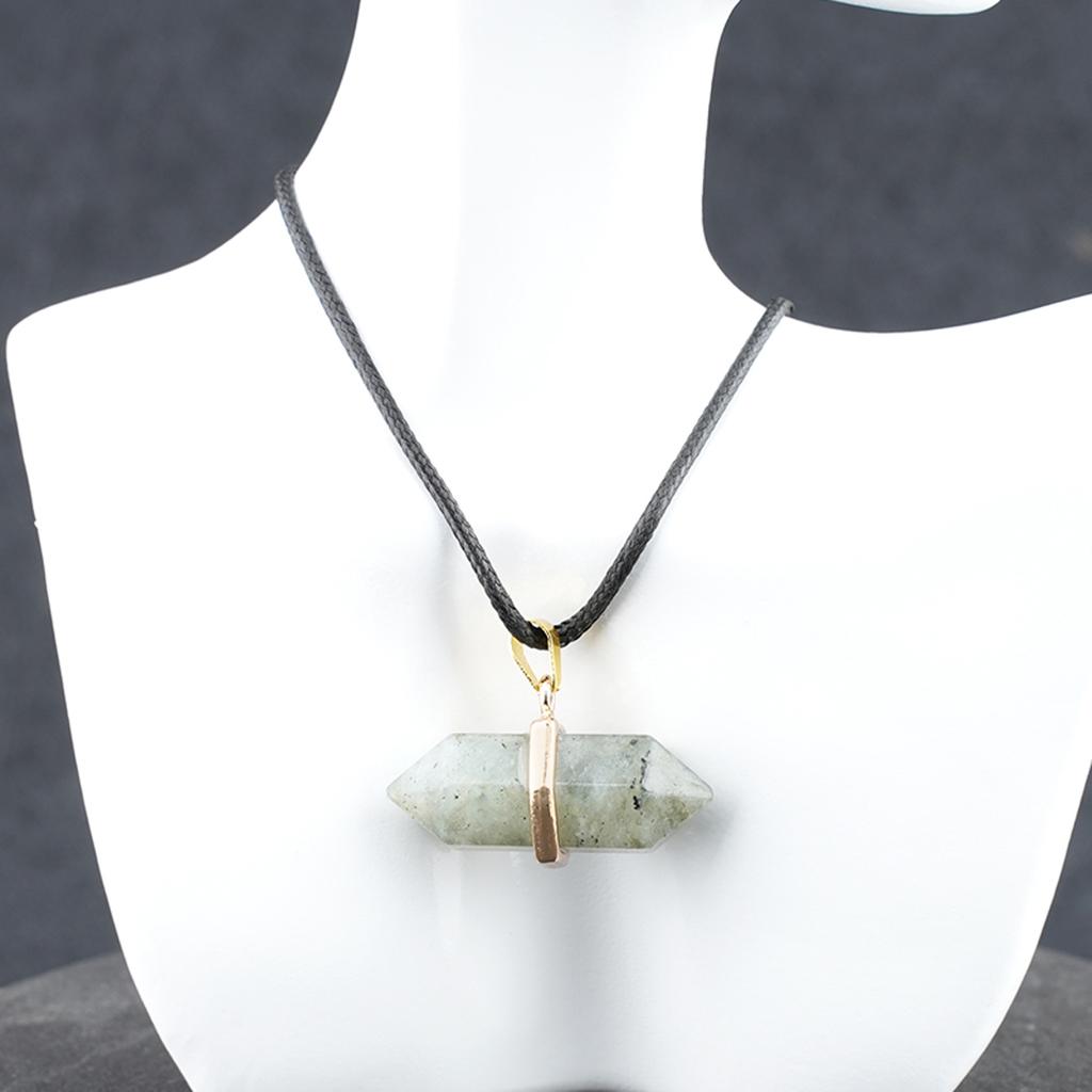 Single Gold Wrapped Double Terminated Crystal Point Pendant 36*13mm Mixed Gemstone Hexagon Wand Necklace 45+5cm Extendable Cord For Spiritual Decor