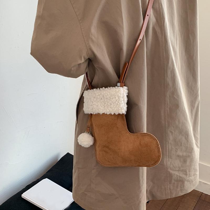 Portable Simple Style Suede Crossbody Bag Fluffy Lightweight Lamb Shoulder Bag Travel Christmas Sock Bag Women