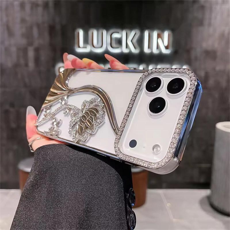 Glitter Rhinestone Flowers Transparent Phone Case For iPhone 17 Air 16 15 14 13 12 11 Pro Max Plus Plated Armor Frame Back Cover